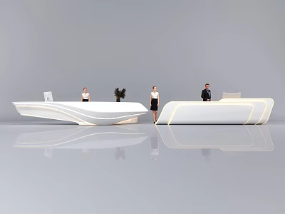 Modern Reception Desk With Sleek White Curved Counter And Staff In Minimalist Interior 3d model