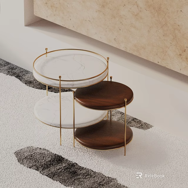 Modern Round Coffee Table Set With Marble Top Wooden Shelf And Gold Metal Frame 3d model 