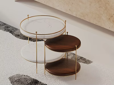 Modern Round Coffee Table Set With Marble Top Wooden Shelf And Gold Metal Frame 3d model