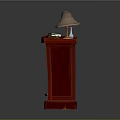 Red Wooden Bookshelf Interior With Stacked Books CDs And Table Lamp On Top
