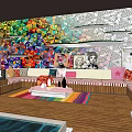 Stylish Courtyard Garden With Lotus Pond Wooden Flooring And Colorful Decorative Wall