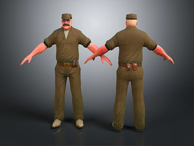 3D Character Model With Brown Uniform Cap Beard And Front Back View Pose 3d model