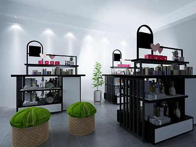 Modern Retail Display Space With Black Shelves Green Cushions Woven Stools And Potted Plant 3d model