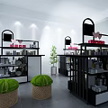 Modern Retail Display Space With Black Shelves Green Cushions Woven Stools And Potted Plant