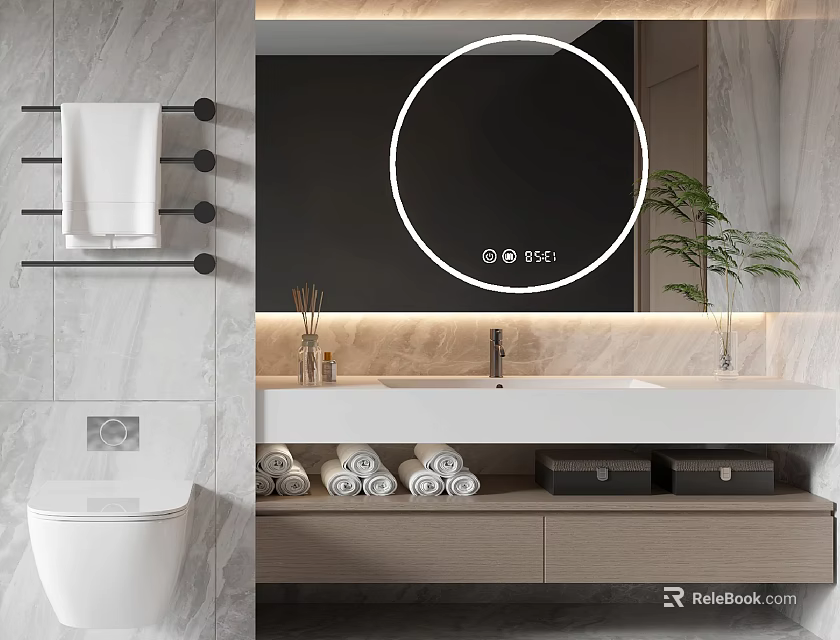 Modern Bathroom Vanity Cabinet With Drawers Marble Wall Round Mirror Sink And Towel Storage 3d model 