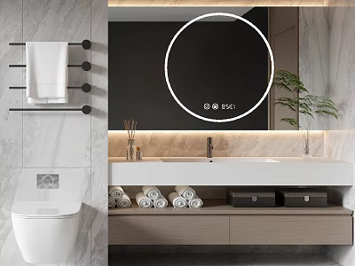 Modern Bathroom Vanity Cabinet With Drawers Marble Wall Round Mirror Sink And Towel Storage 3d model
