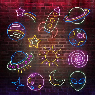 Neon Decorative Lights with Space Themed Stars Planets Rocket and Alien on Brick Wall Background 3d model