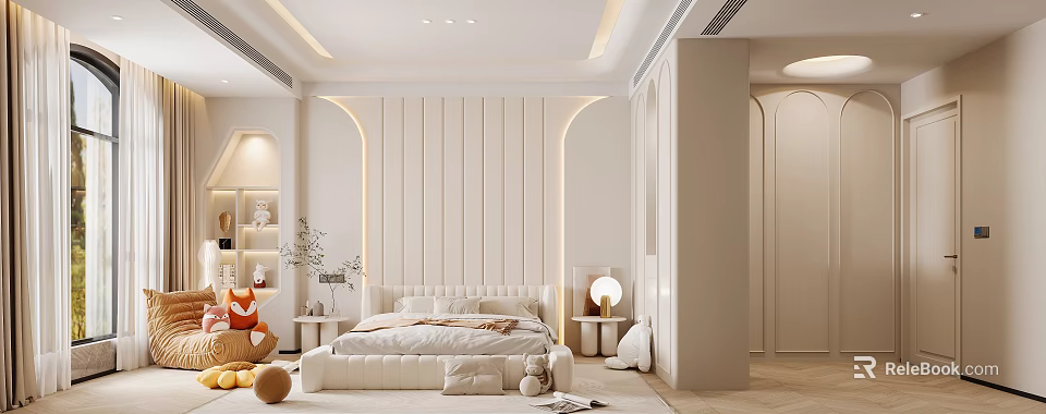 Cozy Modern Kids Room Interior Design With Soft Bed Plush Toys And Wooden Shelf 3d model 