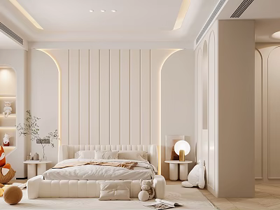 Cozy Modern Kids Room Interior Design With Soft Bed Plush Toys And Wooden Shelf 3d model