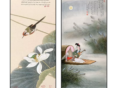 Traditional Chinese Paintings With Lotus Bird Lady Playing Pipa On Boat And Moon 3d model