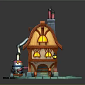 Cartoon Style Cottage With Blue Roof Orange Walls Chimneys And Yellow Window Lights