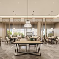 Modern Restaurant Interior With Pendant Lights Marble Flooring Wooden Screens And Comfortable Tables Chairs