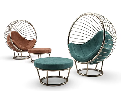Stylish Modern Leisure Chairs with Circular Metal Frame Egg Design Brown Teal Upholstery and Ottoman 3d model