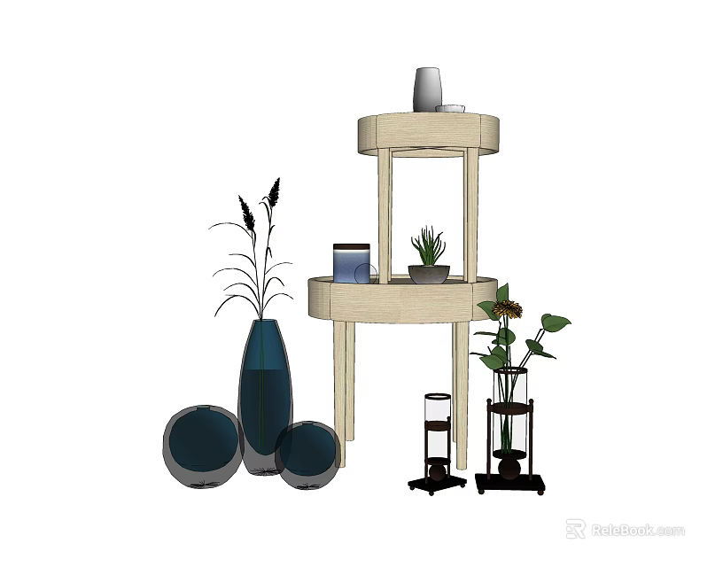 Elegant Blue Black Vases With Flowers And Potted Plants On Round Tiered Stand 3d model 
