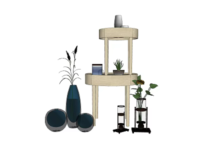 Elegant Blue Black Vases With Flowers And Potted Plants On Round Tiered Stand 3d model