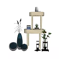 Elegant Blue Black Vases With Flowers And Potted Plants On Round Tiered Stand