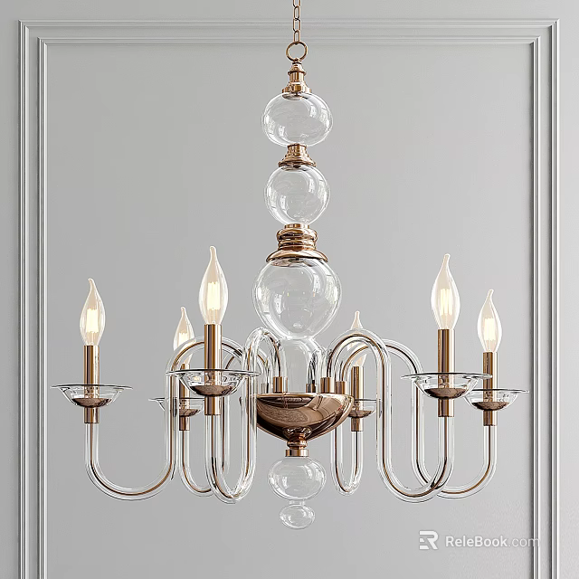 Elegant Glass Globe Chandelier With Brass Metal Arms And Candle Style Light Bulbs 3d model 