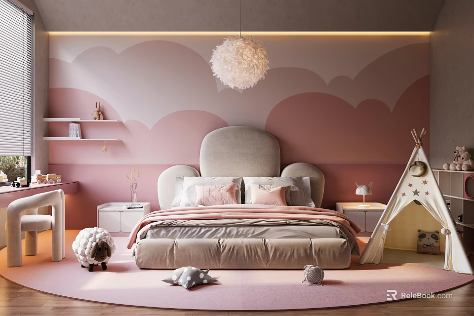 Kids Bedroom With Pink Cloud Wall Fluffy Pendant Light Upholstered Headboard Teepee And Stuffed Toys 3d model 