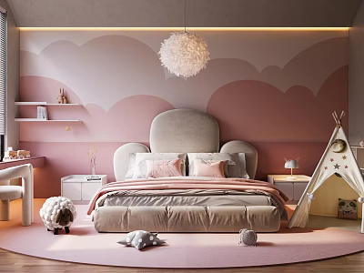 Kids Bedroom With Pink Cloud Wall Fluffy Pendant Light Upholstered Headboard Teepee And Stuffed Toys 3d model