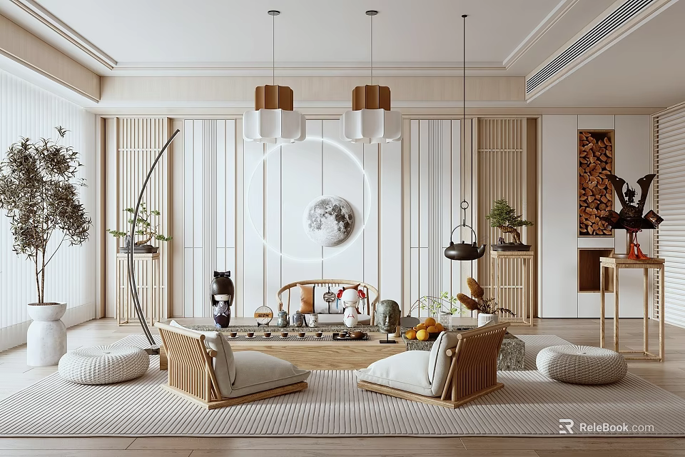 Elegant Tea Room Interior With Wooden Furniture Round Decor Lamps Cushioned Seats And Green Plants 3d model 