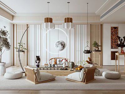 Elegant Tea Room Interior With Wooden Furniture Round Decor Lamps Cushioned Seats And Green Plants 3d model