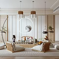 Elegant Tea Room Interior With Wooden Furniture Round Decor Lamps Cushioned Seats And Green Plants
