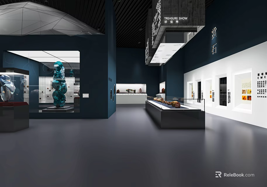 Modern Exhibition Hall Interior Design With Sculpture Display Cases And Wall Artworks 3d model 