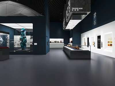 Modern Exhibition Hall Interior Design With Sculpture Display Cases And Wall Artworks 3d model