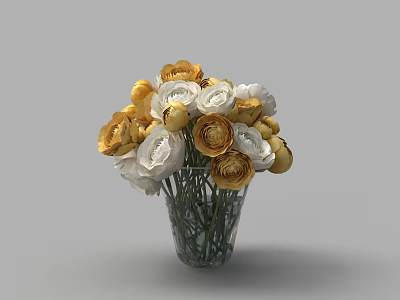 Yellow and White Flowers in Transparent Glass Vase for Home Decor 3d model