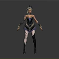 3D Female Character With Golden Hair Feathered Headdress And Black Outfit With Blue Accents