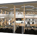 Modern Café Interior With Curved Layout Round Tables Wooden Seating And Bar Counter
