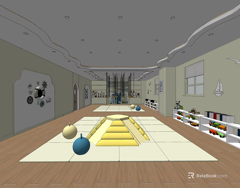 Spacious Kindergarten Interior With Yellow Step Area Colorful Balls And Bookshelves 3d model 