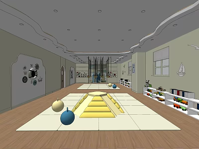 Spacious Kindergarten Interior With Yellow Step Area Colorful Balls And Bookshelves 3d model