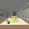 Spacious Kindergarten Interior With Yellow Step Area Colorful Balls And Bookshelves