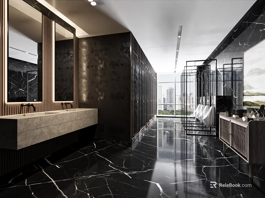 Luxury Modern Public Restroom With Marble Vanity And Large Mirrors 3d model 