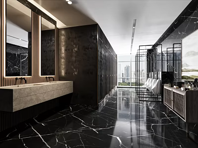 Luxury Modern Public Restroom With Marble Vanity And Large Mirrors 3d model