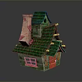 Fairy Tale Style Wooden House With Green Roof Red Door And Brick Chimney