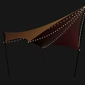 Outdoor Canopy With String Lights Brown And Maroon Fabric Support Poles 3d model