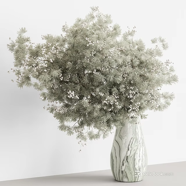 Decorative Textured Vase With Green Foliage And White Flowers For Home Decor 3d model 