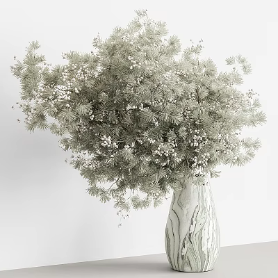Decorative Textured Vase With Green Foliage And White Flowers For Home Decor 3d model