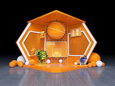 Orange Hexagonal Exhibition Booth With Basketball Hoop Cartoon Characters Basketball Sign And Surrounding Balls 3d model