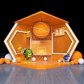 Orange Hexagonal Exhibition Booth With Basketball Hoop Cartoon Characters Basketball Sign And Surrounding Balls