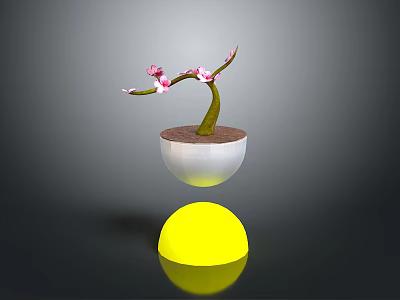 Pink Flowering Plant in White Pot with Yellow Hemispherical Base and Floating on Gray Background 3d model
