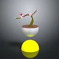 Pink Flowering Plant in White Pot with Yellow Hemispherical Base and Floating on Gray Background