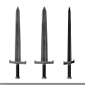 Three Ancient Metal Swords With Sharp Blades And Brown Hilts As Historical Weapons