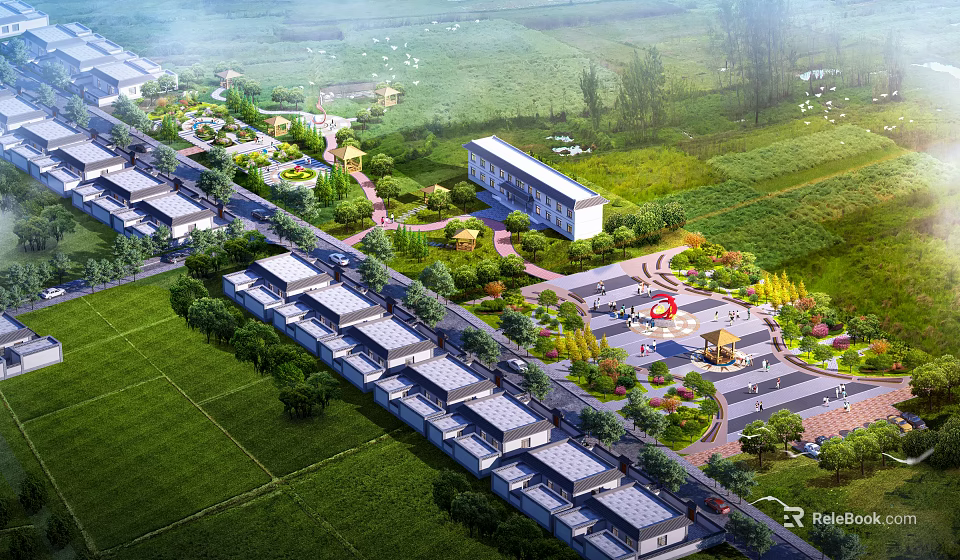 Modern Aerial View Planning of Residential Area with Green Spaces Trees Pathways and Central Plaza 3d model 