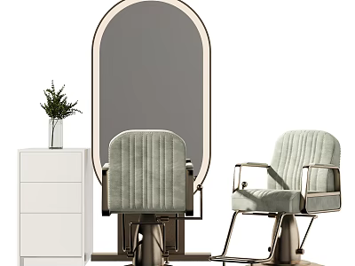 Massage Chair in Green Velvet with Metal Armrests near Oval Mirror and White Cabinet 3d model