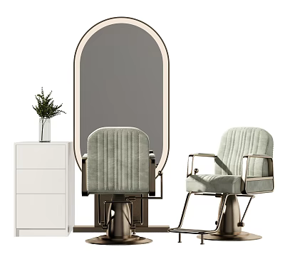 Massage Chair in Green Velvet with Metal Armrests near Oval Mirror and White Cabinet 3d model