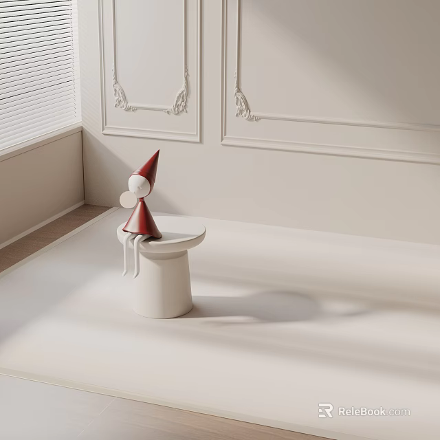 White Side Table With Red Statue In Indoor Corner With White Wall And Window Blinds 3d model