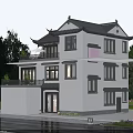 Chinese Style Detached Villa With Traditional Roof White Walls And Balconies Surrounded By Green Trees